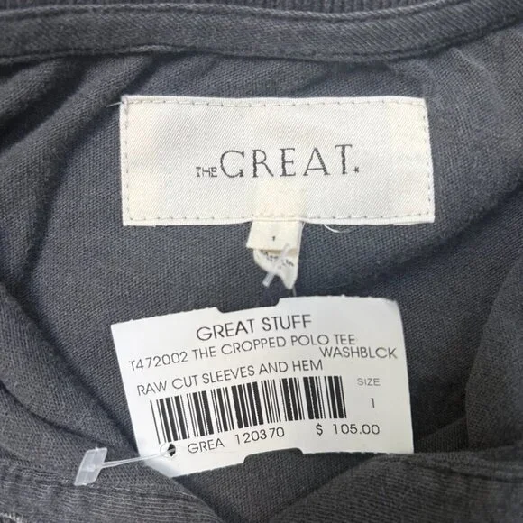 The GREAT. Oversized Boxy Cropped Polo Raw Hem & Sleeves Gray Size 1/Small - Picture 2 of 8